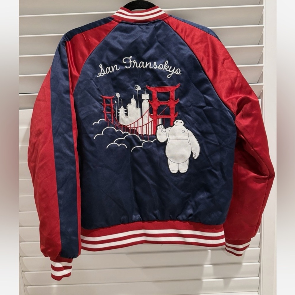 Disney San Fransokyo Big Hero 6 Baymax Box Lunch Satin Bomber Jacket Size XS